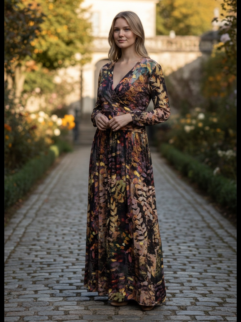 👗Soft Surroundings Black Multi-Print faux Wrap Maxi Dress